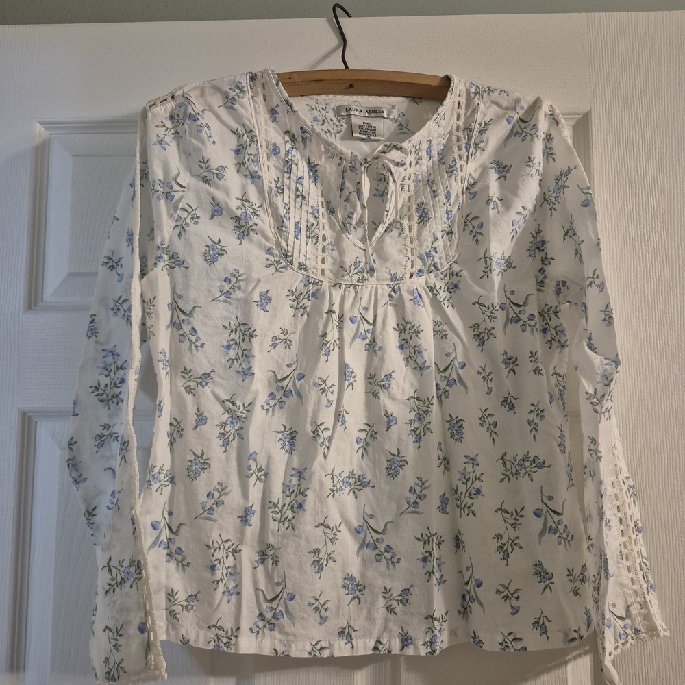 Laura Ashley White and Blue Floral Blouse